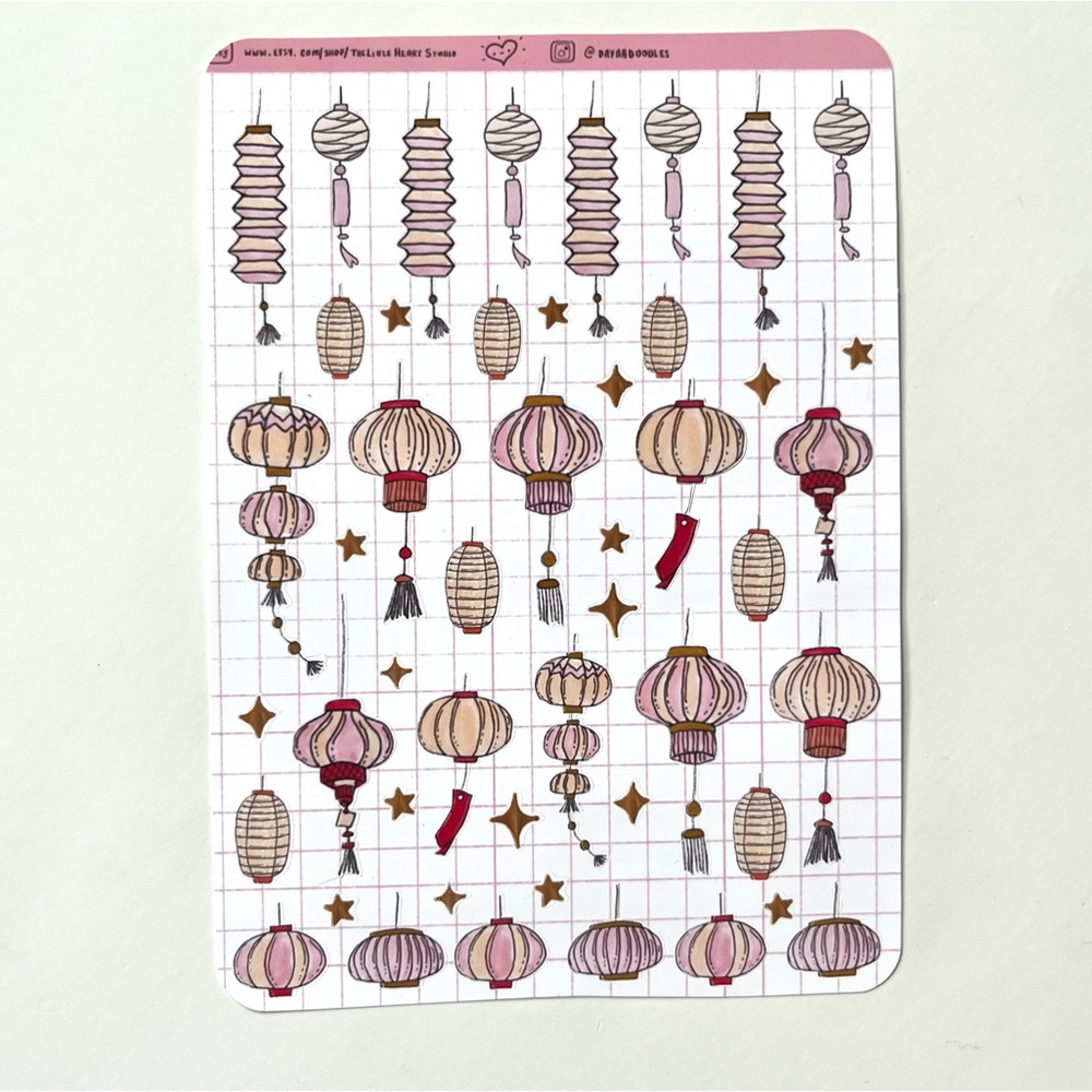 ✨handmade by me✨Chinese pink gold red lanterns planner stickers decorative bujo